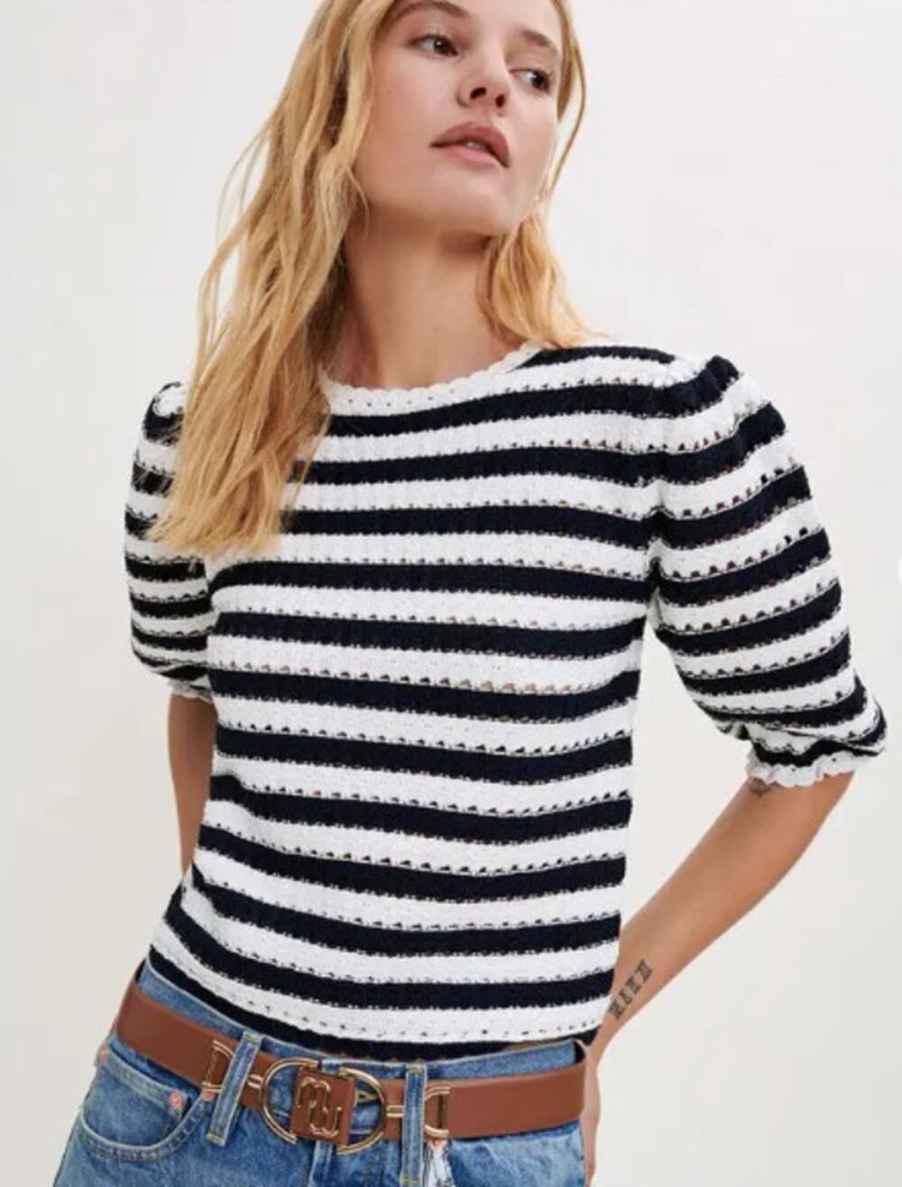 Maje Sweater Women 2 Marigna Crochet Effect Striped Jumper Knit Nautical Preppy - Picture 1 of 13